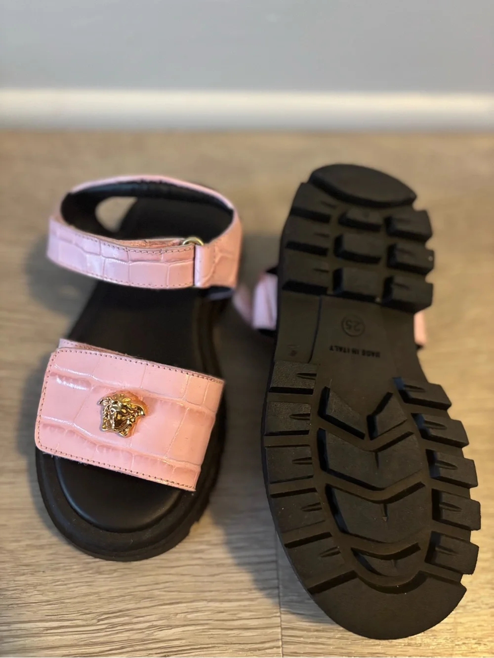 Versace Pink Faux-Croc Kids Sandals with Gold Medusa
